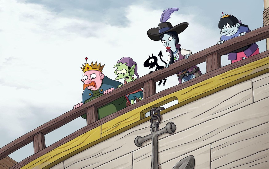 Disenchantment (L to R) John DiMaggio as King Zog, Nat Faxon as Elfo, Eric André as Luci, Tress MacNeille as Queen Oona and Tres