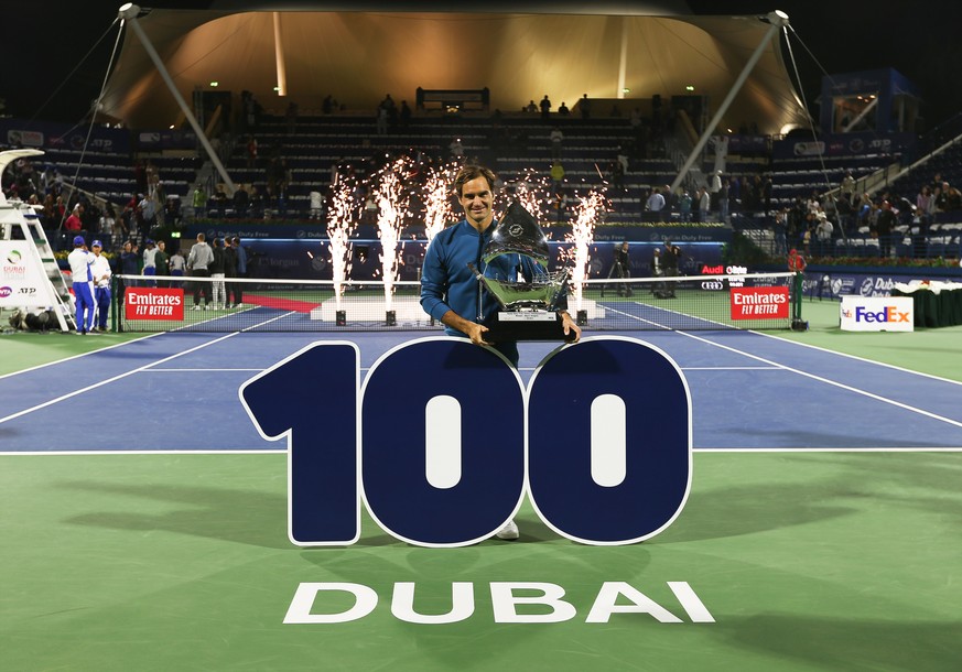 ARCHIV - RUECKTRITT ROGER FEDERER - MEILENSTEINE ROGER FEDERER - 2019 - DUBAI: 100. ATP TURNIERSIEG - ZU DEN MEILENSTEINEN VON DER KARRIERE UND IM LEBEN VON ROGER FEDERER STELLEN WIR IHNEN FOLGENDES B ...