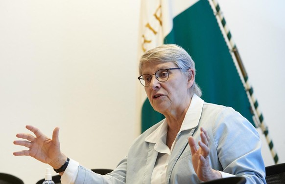 Beatrice Metraux, State councillor fo Vaud attends a news conference about the integrated police organization during the coronavirus disease (COVID-19) outbreak in Lausanne, Switzerland, April 9, 2020 ...