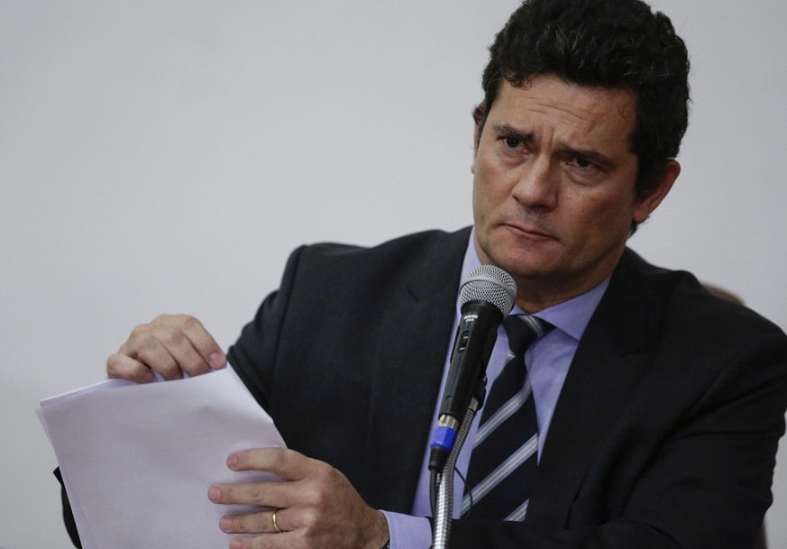 Brazil&#039;s Justice Minister Sergio Moro gives a press conference to announce his resignation in Brasilia, Brazil, Friday, April 24, 2020. Moro made the announcement after Brazilian President Jair B ...