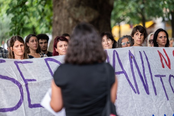A moment during the feminist demonstration held in the aftermath of the femicide in Faido on July 9, 2026, in Bellinzona, Switzerland, Tuesday, July 21, 2026. (KEYSTONE/Ti-Press/Pablo Gianinazzi)