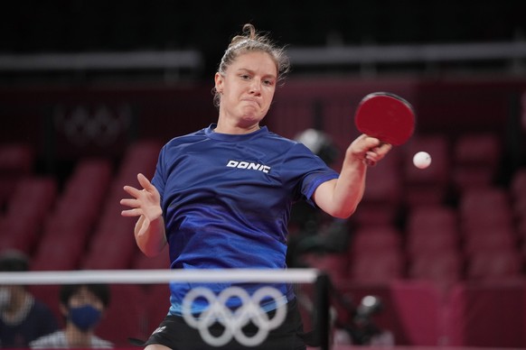 Switzerland&#039;s Rachel Moret competes during the table tennis women&#039;s singles second round match against Georgina Pota of Hungary at the 2020 Summer Olympics, Sunday, July 25, 2021, in Tokyo.  ...