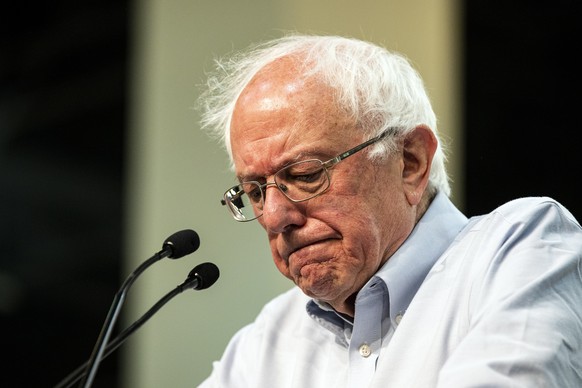 epa07616375 Senator Bernie Sanders delivers a speech during his rally at the Convention Center in Pasadena, California, USA, 31 May 2019. Bernie Sanders is seeking to be the Democratic party candidate ...