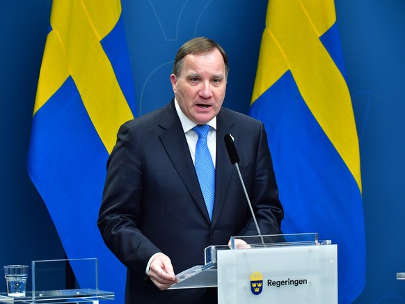 epa08334271 Sweden&#039;s Prime Minister Stefan Lofven speaks during a news conference on the coronavirus COVID-19 situation, at the governement headquarters in Stockholm, Sweden, 31 March 2020. Count ...
