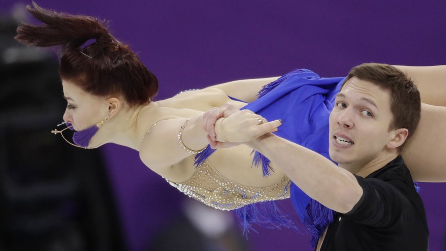 Ekaterina Bobrova and Dmitri Soloviev of the Olympic Athletes of Russia perform during the ice dance short dance team event in the Gangneung Ice Arena at the 2018 Winter Olympics in Gangneung, South K ...