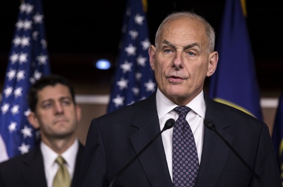 epa06115485 (FILE) - US Homeland Security Secretary John Kelly (R) speaks to the media about immigration enforcement legislation as Republican Speaker of the House from Wisconsin Paul Ryan (L) watches ...