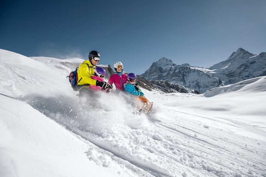 Eine Frau schlittelt vor prächtigem Winterpanorama. Faulhorn Grindelwald rauszeit beste Schlittelbahnen der Schweiz Big Pintenfritz