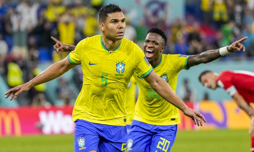 Brazil&#039;s Casemiro celebrates after scoring his side&#039;s opening goal during the World Cup group G soccer match between Brazil and Switzerland, at the Stadium 974 in Doha, Qatar, Monday, Nov. 2 ...