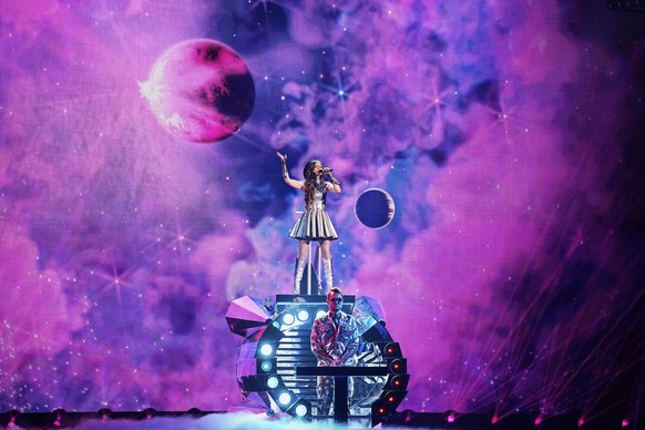 EMMY from Ireland performs the song &quot;Laika Party&quot; during the dress rehearsal for the second semi-final of the 69th Eurovision Song Contest, in Basel, Switzerland, Wednesday, May 14, 2025. (A ...