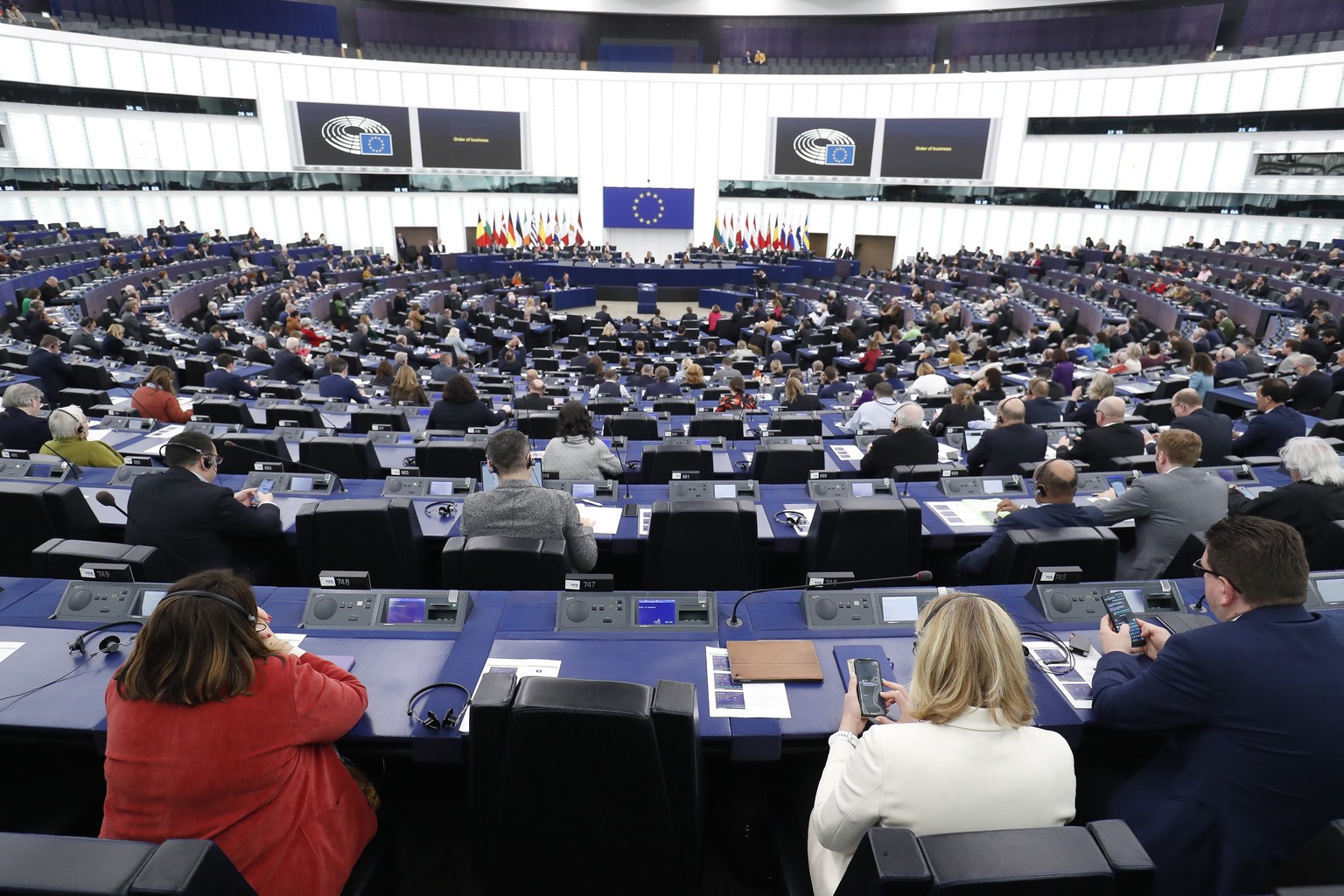 epa10577101 Members of the European Parliament (MEPs) attend the opening session of the European Parliament in Strasbourg, France, 17 April 2023. The session of the European Parliament runs from 17 ti ...