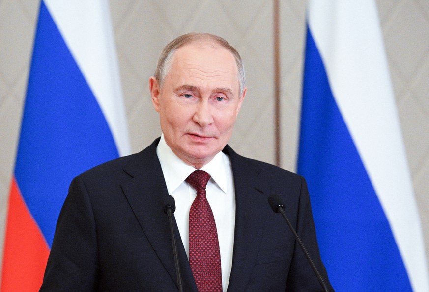 epa11745495 Russian President Vladimir Putin speaks during a press conference following the Collective Security Council (CSC) meeting of the Collective Security Treaty Organisation (CSTO) in Astana, K ...