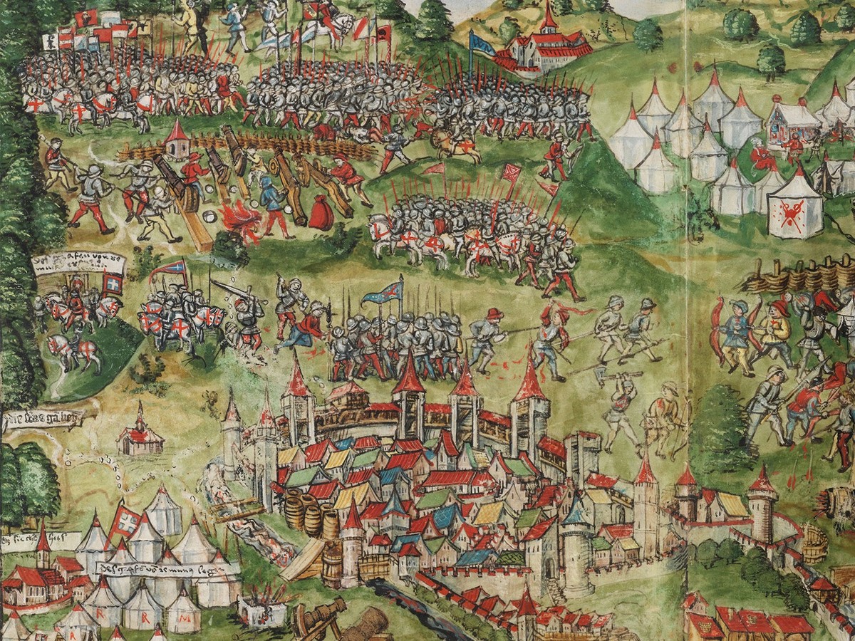 La bataille de Morat. Illustration (détail) tirée de la chronique de Lucerne de Diebold Schilling, inspirée d’un tableau réalisé en 1480, exposé à l’Hôtel de Ville de Fribourg.
https://www.e-codices.u ...