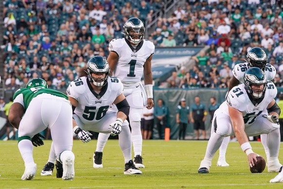 August 12, 2022, Philadelphia, Pennsylvania, United States: Philadelphia Eagles quarterback Jalen Hurts 1 calls out a play during the preseason game against the New York Jets on August 12, 2022 at Lin ...