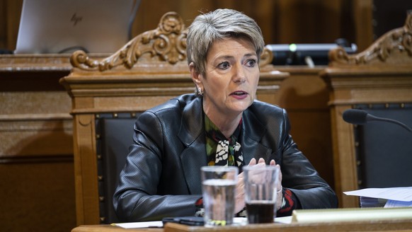 epa10569216 Swiss Finance Minister Karin Keller-Sutter speaks during an extraordinary session of the Federal Assembly in the Council of States in Bern, Switzerland, 12 April 2023. The extraordinary se ...