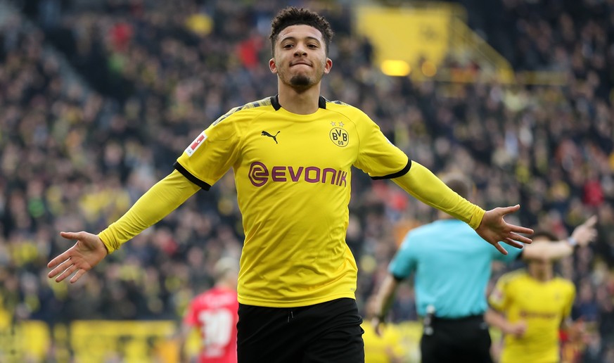 epa08185065 Dortmund&#039;s Jadon Sancho celebrates after scoring during the German Bundesliga soccer match between Borussia Dortmund and 1. FC Union Berlin in Dortmund, Germany, 01 February 2020. EPA ...