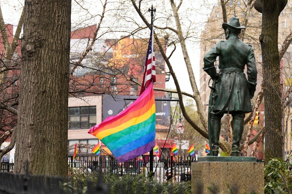 A rainbow Pride flag flies with an American flag at the Stonewall National Monument in New York, Monday, April 13, 2026. (AP Photo/Seth Wenig)
Stonewall Rainbow Flag