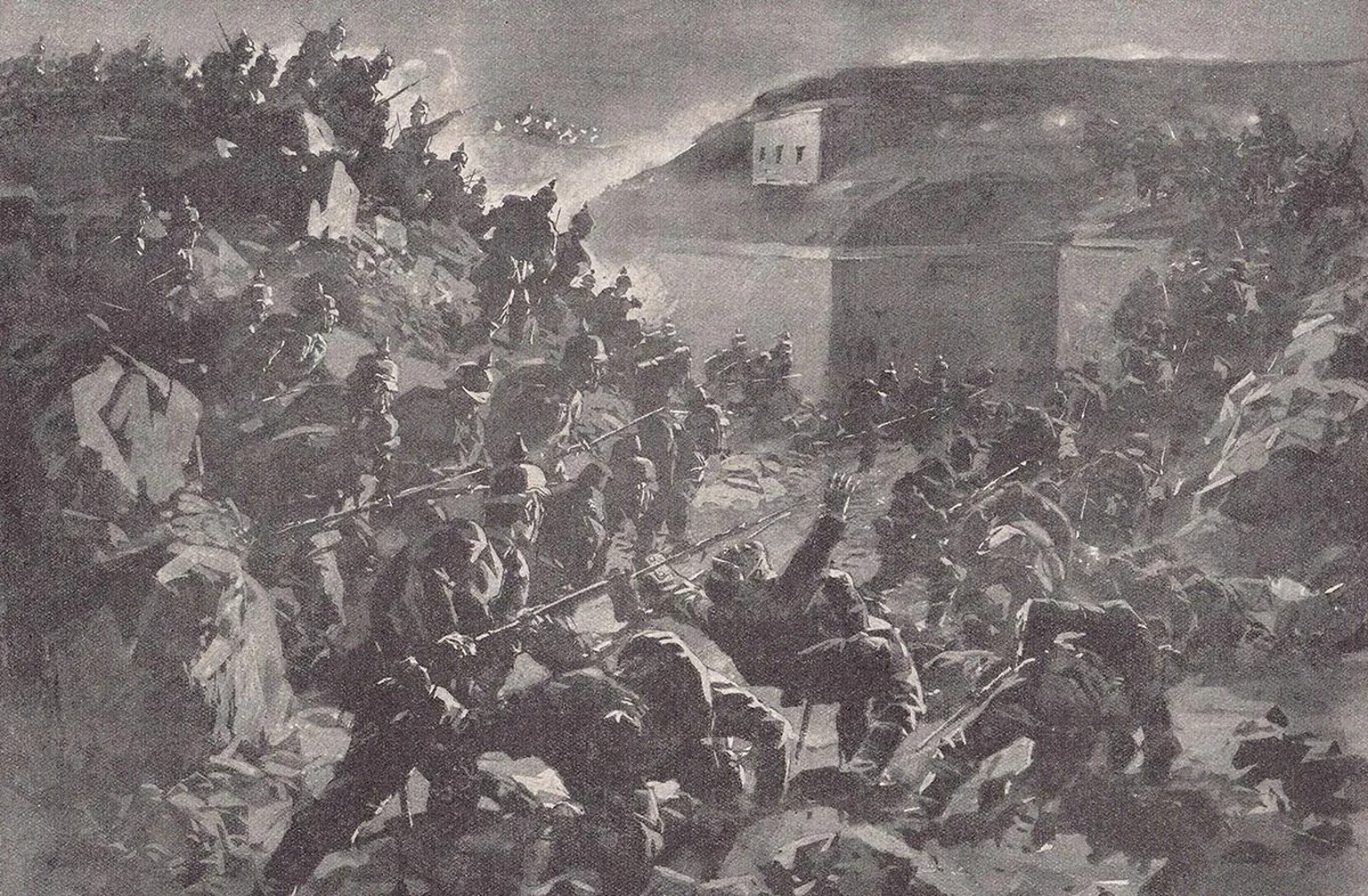 Im August 1914 stürmten deutsche Truppen die belgische Stadt Lüttich. Zeichnung von Anton Hoffmann.
https://commons.wikimedia.org/wiki/File:The_storming_of_a_fort_at_Li%C3%A8ge,_7._August_1914.jpg