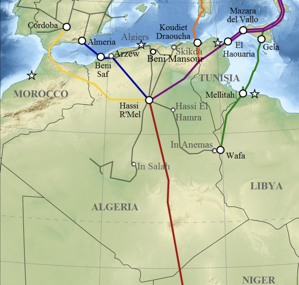 Blau eingezeichnet: Die Gaspipeline zwischen Hassi R’Mel, Algerien, und Almería, Spanien. Die gelbe Pipeline, die Erdgaspipeline Maghreb-Europe, ist mittlerweile nicht mehr in Betrieb.