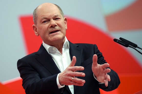 epa11018596 German Chancellor Olaf Scholz speaks during the German Social Democrats (SPD) party conference in Berlin, Germany, 09 December 2023. The first SPD three-day party conference in two years s ...