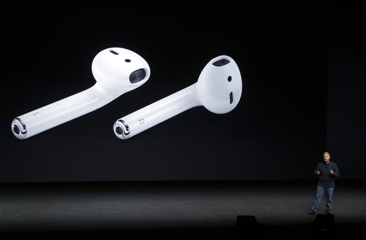 FILE - In this Sept. 7, 2016, file photo, Phil Schiller, Apple's senior vice president of worldwide marketing, talks about AirPods during an event to announce new products, in San Francisco. AirP ...