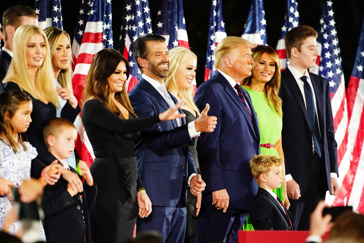 epa08630590 Members of the Trump family join US president Donald J. Trump (3R) US First Lady Melania Trump (2R) and Barron Trump (R) after Trump delivered his acceptance speech on the final night of t ...