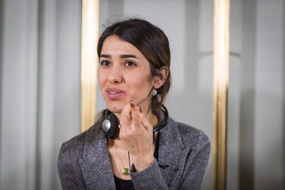 epa07219561 Nadia Murad from Iraq answers questions during a press conference with the 2018 Nobel Laureates at the Nobel Institute in Oslo, Norway, 09 December 2018. Denis Mukwege from Kongo and Nadia ...