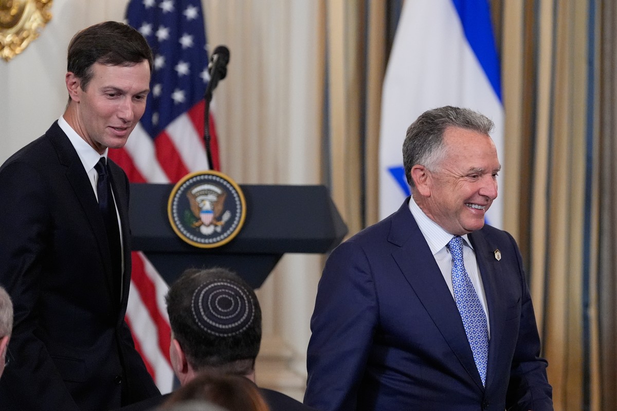 U.S. Special Envoy to the Middle East Steve Witkoff, right, and Jared Kushner arrive before President Donald Trump holds a news conference with Israel's Prime Minister Benjamin Netanyahu in the S ...