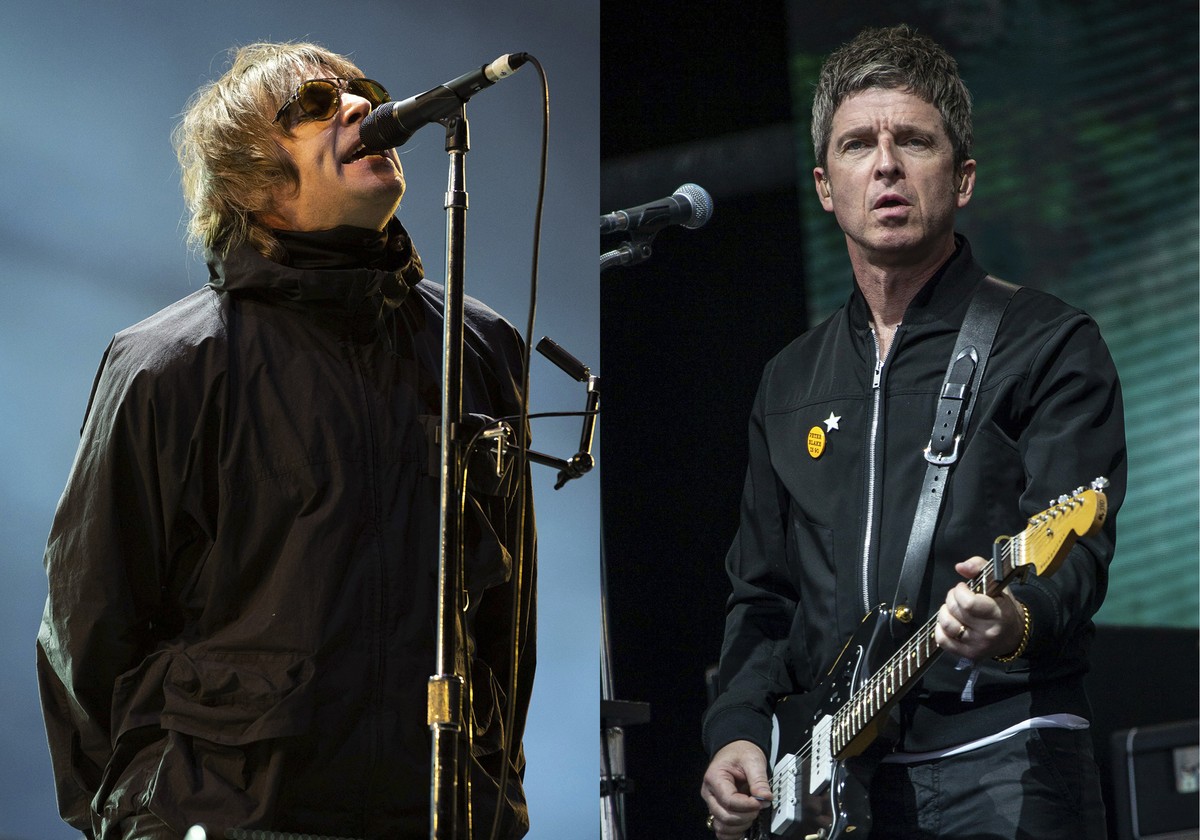 Liam Gallagher performs at the Reading Music Festival, England on Aug. 29, 2021, left, and Noel Gallagher performs at the Glastonbury Festival in Worthy Farm, Somerset, England, on June 25, 2022. (AP  ...