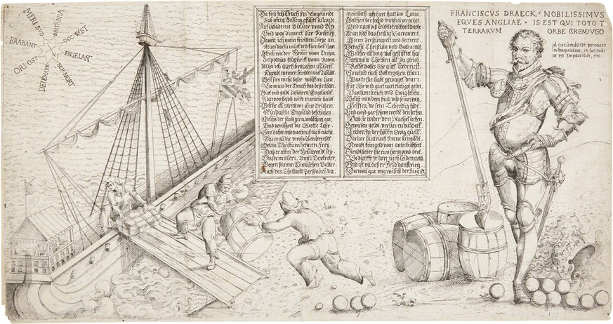 Eine Darstellung von Sir Francis Drake, der den Südamerikanern Frieden brachte aus Südamerika mitnahm, was ihm gefiel.