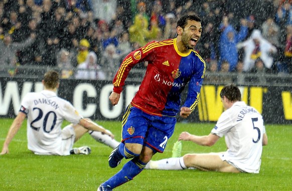 Mohamed Salah of Basel celebrates after scoring 1-1 against during their UEFA Europa League quarter final second leg match between FC Basel and Tottenham Hotspur at the St. Jakob Stadium in Basel, Swi ...