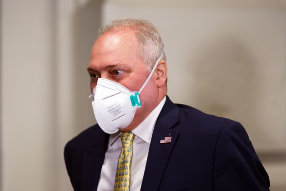 epa10891123 Majority House Leader Steve Scalise after a meeting of the House Republican Conference on Capitol Hill after the House earlier failed to pass a procedural vote on a stop-gap government fun ...