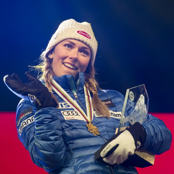 Gold medalist Mikaela Shiffrin of the USA, celebrates during the medal ceremony of the women Slalom at the 2017 FIS Alpine Skiing World Championships in St. Moritz, Switzerland, Saturday, February 18, ...