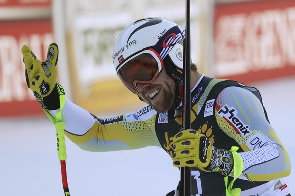 Norway's Aleksander Aamodt Kilde reacts after winning an alpine ski men's World Cup downhill in Val Gardena, Italy, Saturday, Dec. 19, 2020. (AP Photo/Alessandro Trovati)