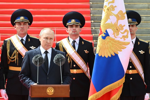 Russian President Vladimir Putin delivers a speech to the units of the Russian Defense Ministry, the Russian National Guard (Rosgvardiya), the Russian Interior Ministry, the Russian Federal Security S ...