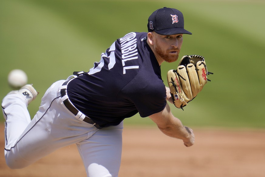 Detroit Tigers starting pitcher Spencer Turnbull delivers during the first inning of a spring training exhibition baseball game against the New York Yankees at Joker Marchant Stadium in Lakeland, Fla. ...