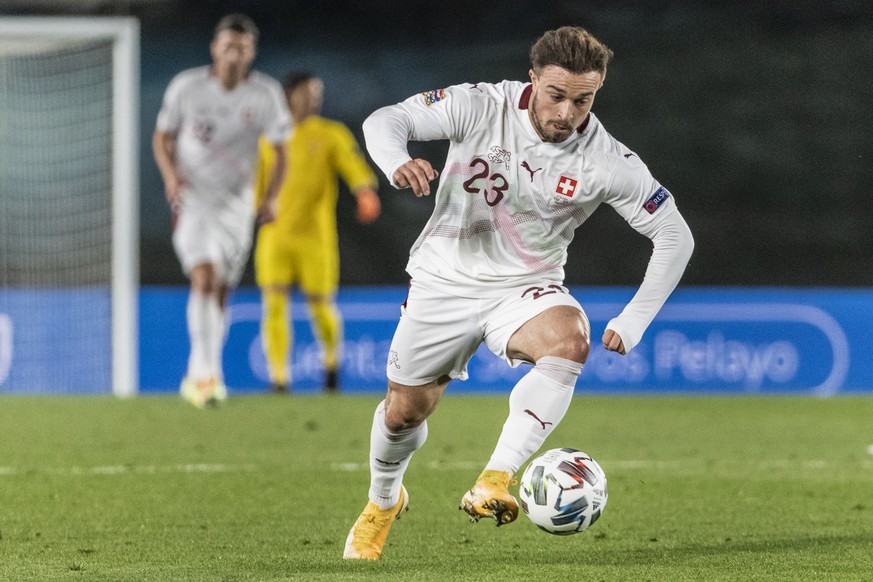 Switzerland&#039;s Xherdan Shaqiri plays the ball during the UEFA Nations League soccer match between Spain and Switzerland, at the Alfredo Di Stefano stadium in Madrid, Spain, Saturday, October 10, 2 ...