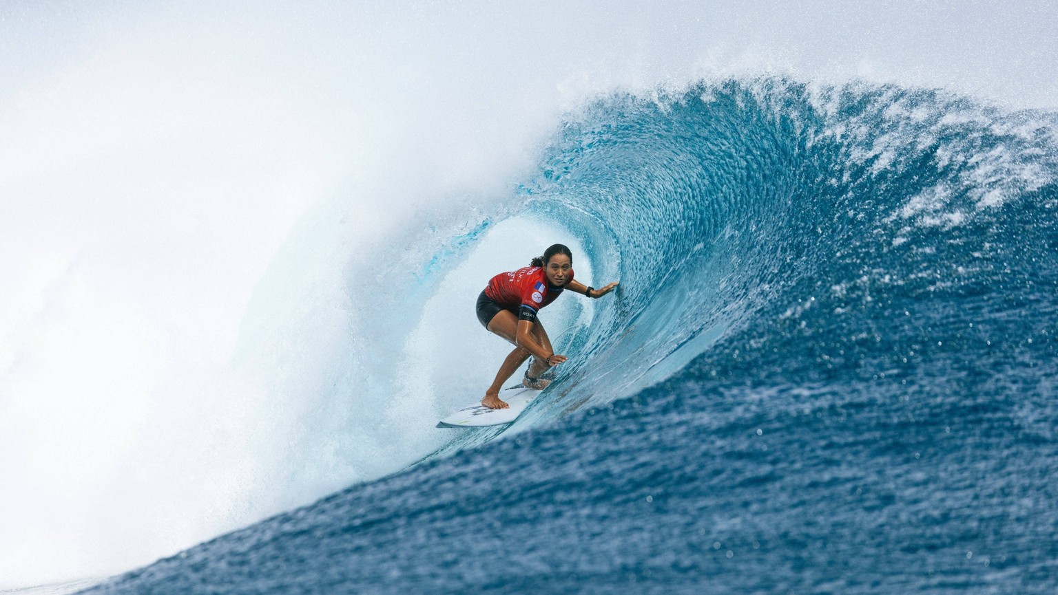 August 16, 2023, Teahupo o, Tahiti, French Polynesia: Vahine Fierro of France surfs in Heat 2 of the Semifinals at the SHISEIDO Tahiti Pro on August 16, 2023 at Teahupo o, Tahiti, French Polynesia. Te ...