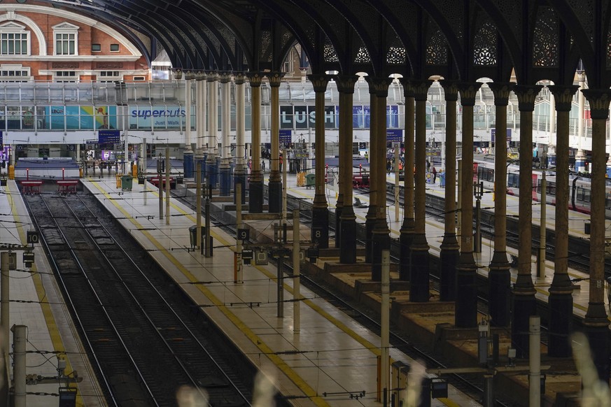 A near empty Liverpool Street station, in London, Tuesday, June 21, 2022. Britain's biggest rail strike in decades went ahead Tuesday after last-minute talks between a union and train companies f ...