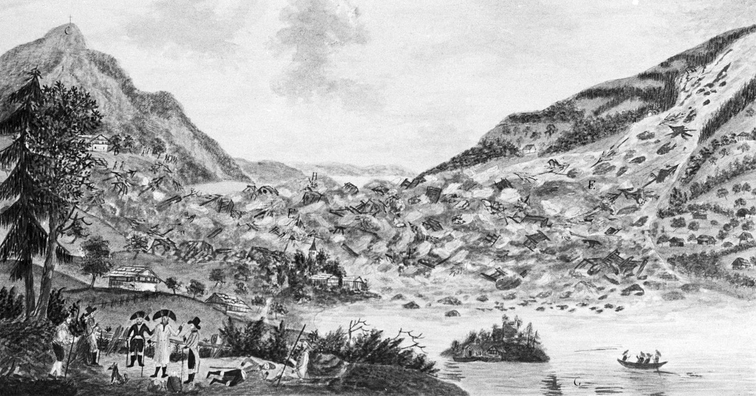 Illustration des Bergsturzes von Goldau. Am 2. September 1806 ereignete sich eine der groessten Naturkatastrophen der Schweiz. An der Suedflanke des Rossberges im Kanton Schwyz loesten sich, nach anha ...