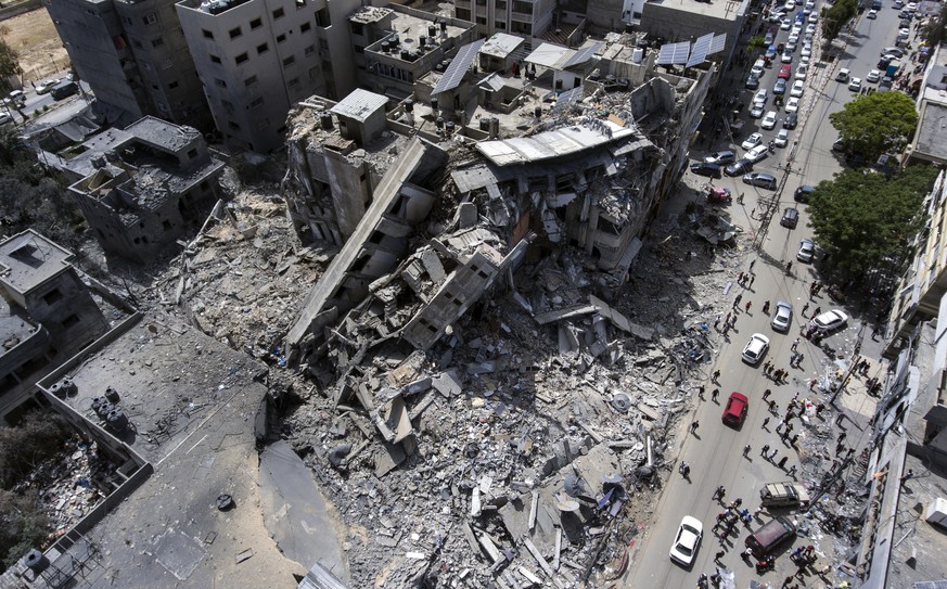 An aerial view of a destroyed building after it was hit last week by Israeli airstrikes, in Gaza City, Saturday, May 22, 2021.(AP Photo/Khalil Hamra)