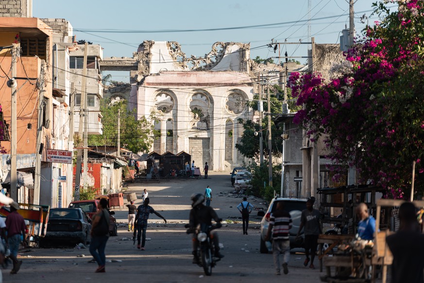 epa10401847 The facade of the cathedral of Port-au-Prince destroyed in the 2010 earthquake of Haiti, 12 January 2023. Haiti marks the 13th anniversary of the earthquake that shook the country on 12 Ja ...