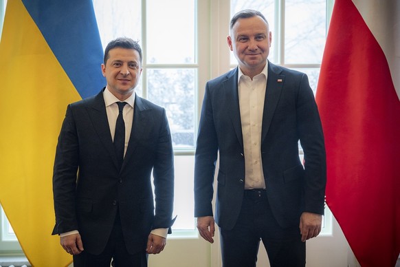 In this handout photo provided by the Ukrainian Presidential Press Office, Ukrainian President Volodymyr Zelenskyy, left, and Polish President Andrzej Duda pose for a photo during their meeting in the ...