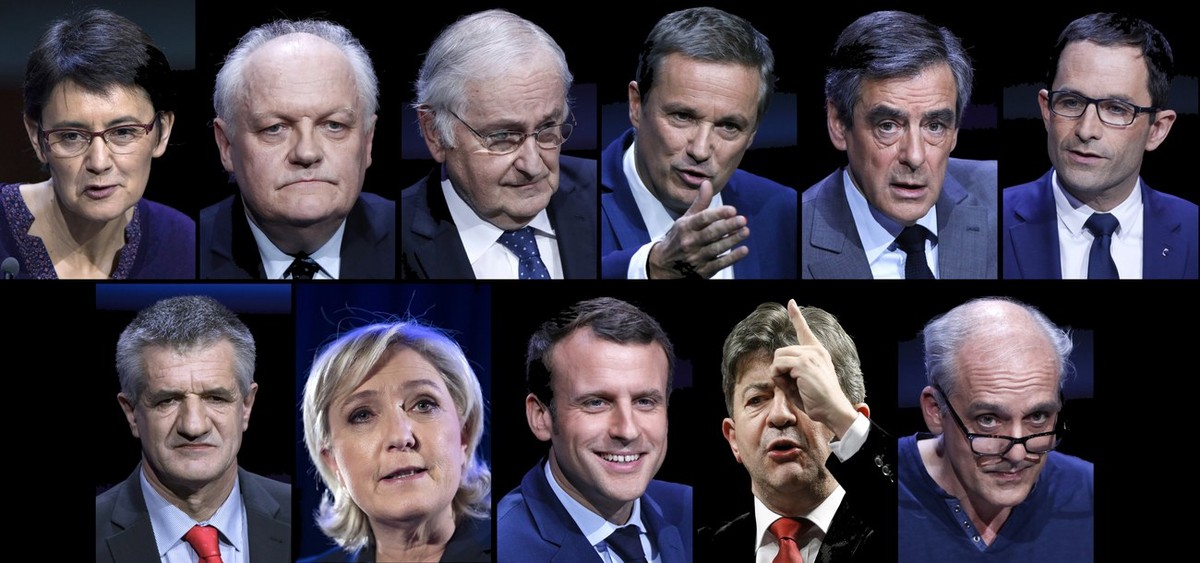 epa05865418 (FILE) A combo of file pictures shows the 11 candidates of the 2017 French presidential elections (top row, L-R) Nathalie Arthaud of 'Lutte Ouvriere' (Workers' Struggle), Fr ...