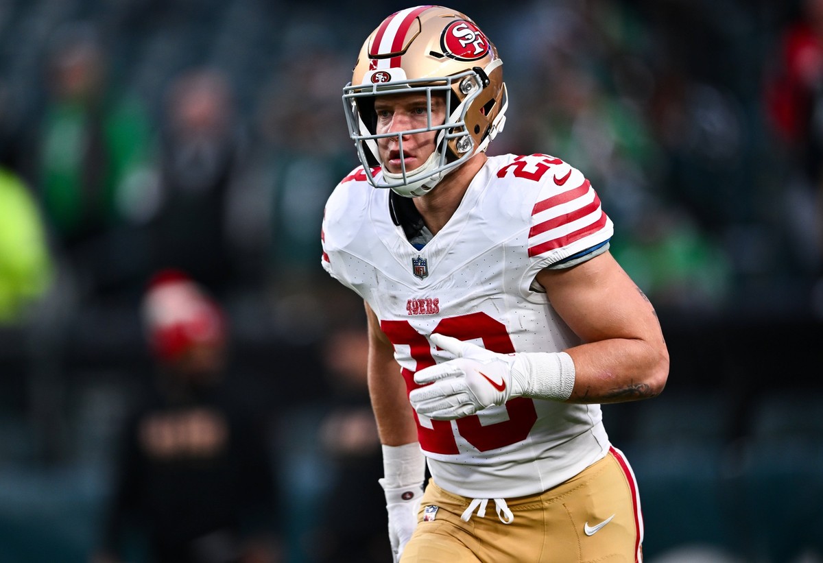 PHILADELPHIA, PA - DECEMBER 03: San Francisco 49ers Running Back Christian McCaffrey 23 warms up before the game between the San Francisco 49ers and Philadelphia Eagles on December 03, 2023 at Lincoln ...