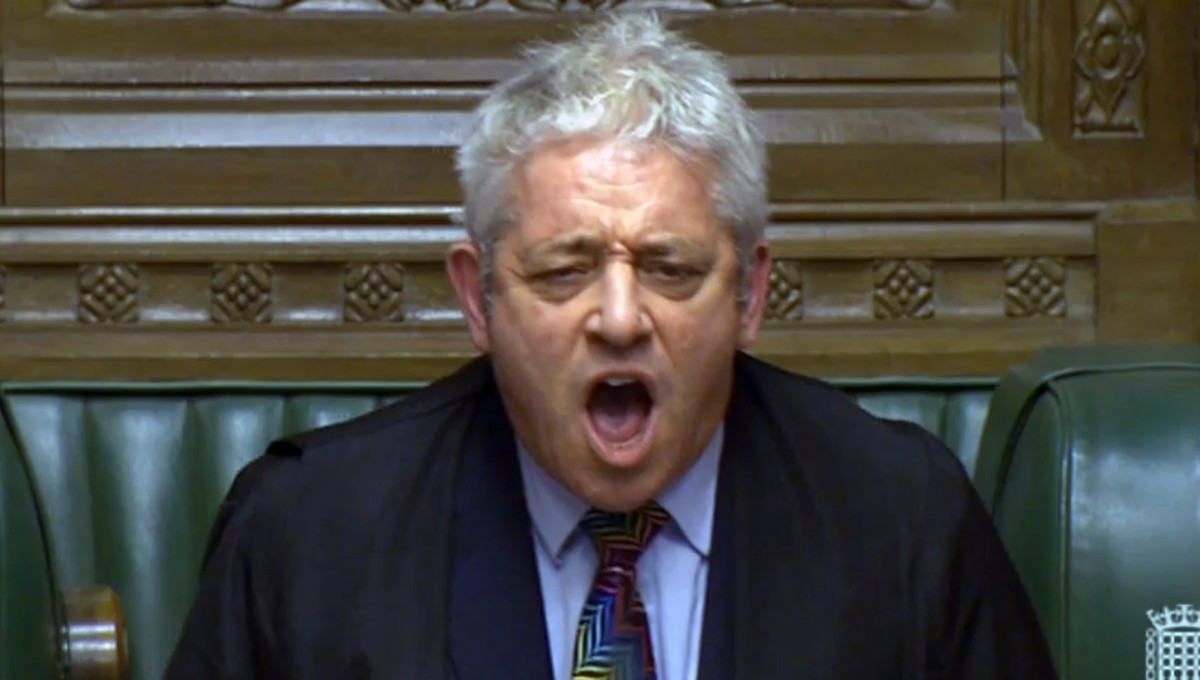 epa07287721 A handout video-grabbed still image from a video made available by UK parliament's parliamentary recording unit showing parliament speaker John Bercow shouting orders after the Brexit ...