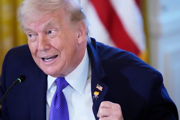 President Donald Trump wears a gift, which he calls a "Happy Trump" pin, during a meeting with oil executives in the East Room of the White House, Friday, Jan. 9, 2026, in Washington. (AP Ph ...