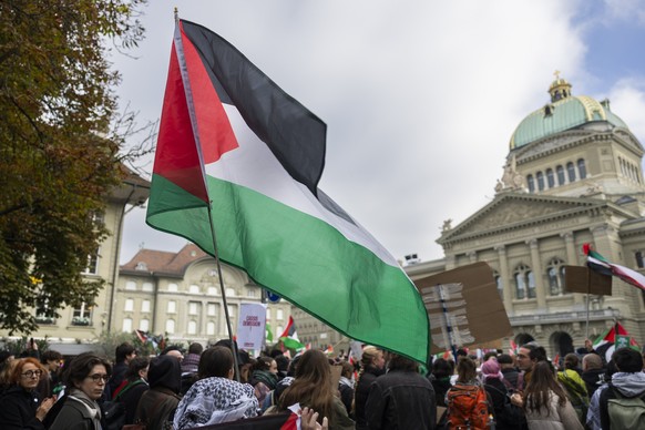 People hold banners and wave Palestinian flags on the Federal Square (Bundesplatz) in front of the parliament building (Bundeshaus) during an unauthorized rally in solidarity with the Palestinian peop ...