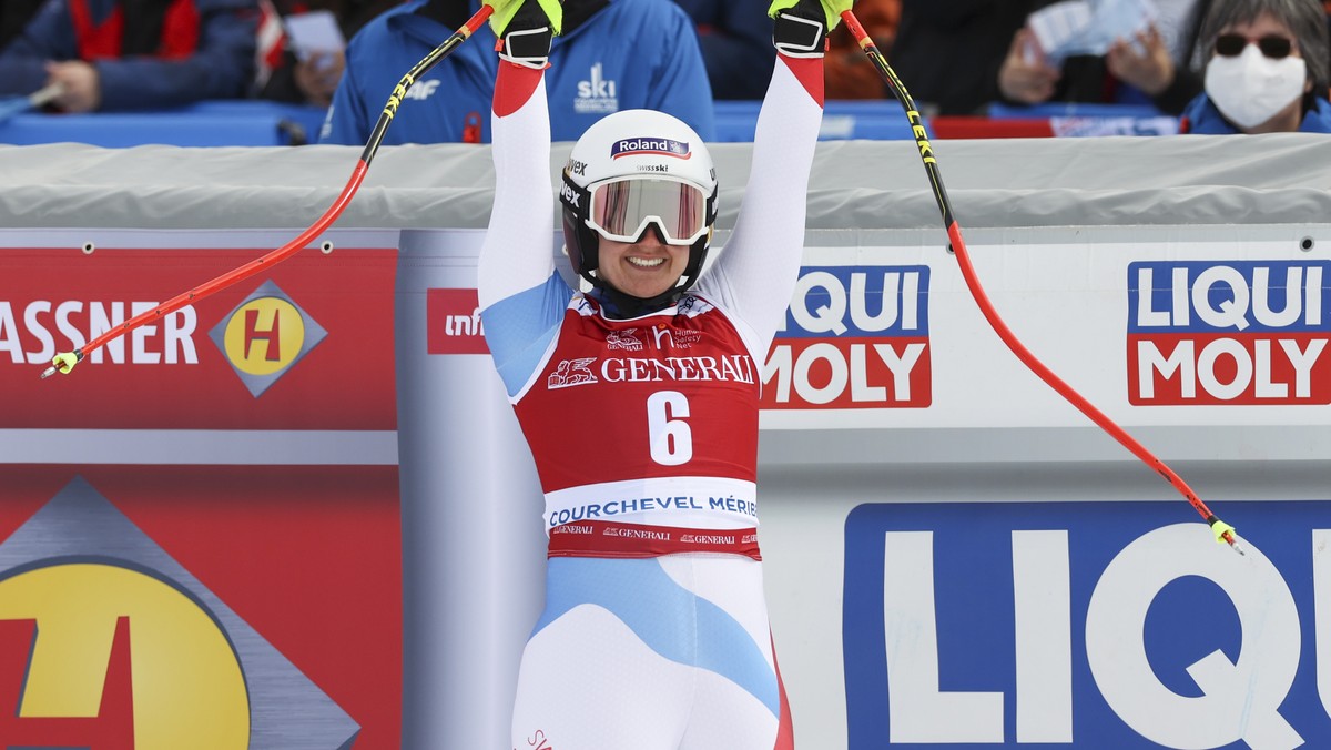 Switzerland's Joana Haehlen reacts in the finish area of an alpine ski, women's World Cup Finals downhill, in Courchevel, France, Wednesday, March 16, 2022. (AP Photo/Alessandro Trovati)
