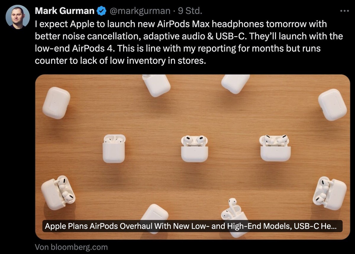 Tweet von Mark Gurman zu neuen AirPods.