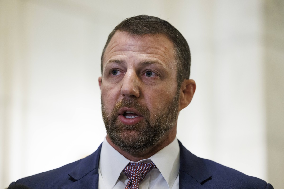 epa11733413 US Senator Markwayne Mullin (Republican of Oklahoma) speaks with journalists in the Russell Senate Office Building after a meeting with candidate for Secretary of Defense Pete Hegseth in W ...